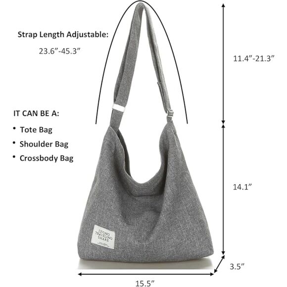 Women's Grey Imported Canvas Retro Large Size Shoulder Crossbody Tote Bag - Picture 3 of 4
